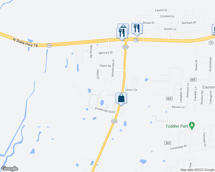 map of restaurants, bars, coffee shops, grocery stores, and more near 371 Orbit Drive in Lavon