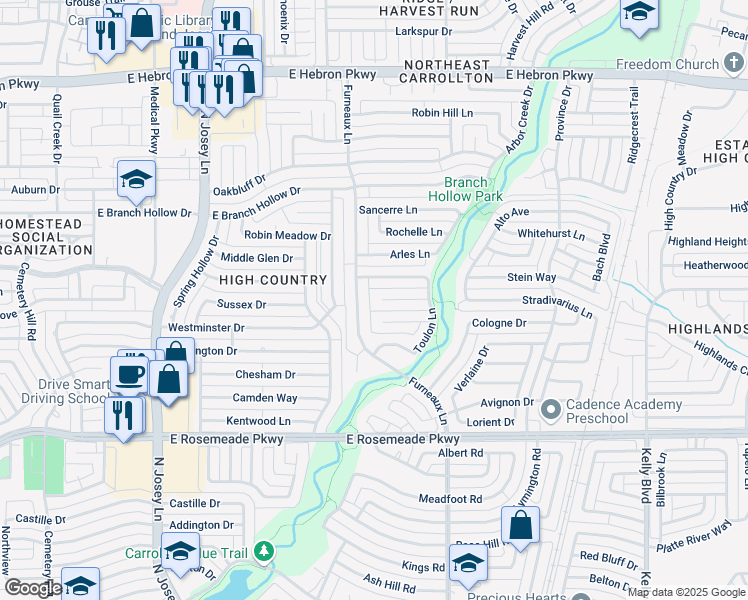 map of restaurants, bars, coffee shops, grocery stores, and more near 2011 Lyon Court in Carrollton