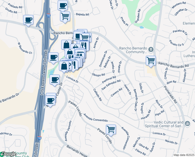 map of restaurants, bars, coffee shops, grocery stores, and more near 16740 Obispo Lane in San Diego
