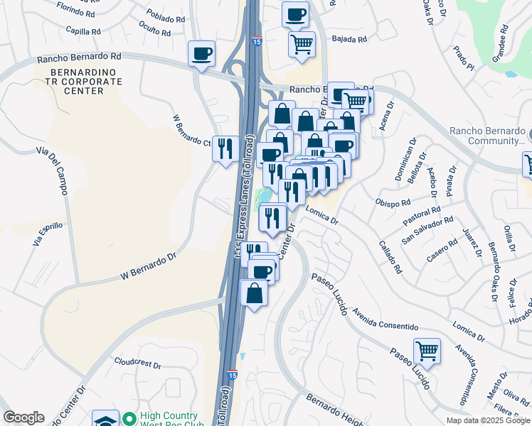 map of restaurants, bars, coffee shops, grocery stores, and more near 11616 Iberia Place in San Diego