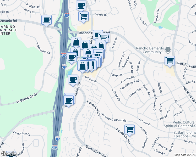 map of restaurants, bars, coffee shops, grocery stores, and more near 11901 Callado Road in San Diego