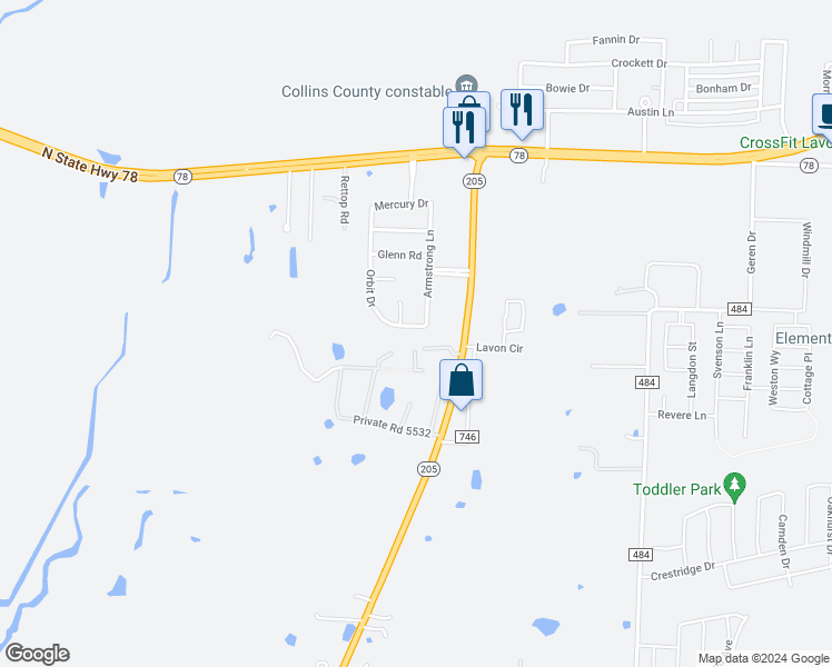 map of restaurants, bars, coffee shops, grocery stores, and more near 381 Orbit Drive in Lavon