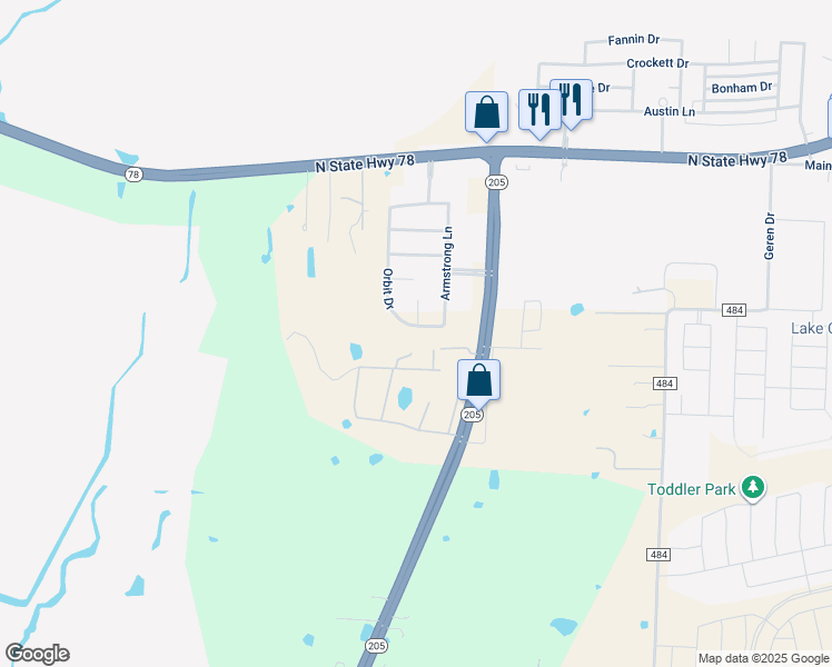 map of restaurants, bars, coffee shops, grocery stores, and more near 359 Orbit Drive in Lavon