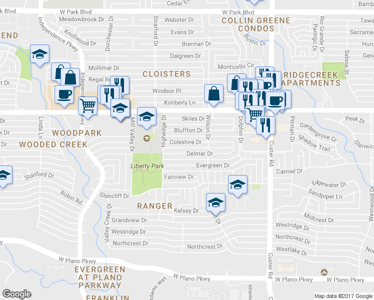 map of restaurants, bars, coffee shops, grocery stores, and more near 2425 Delmar Drive in Plano