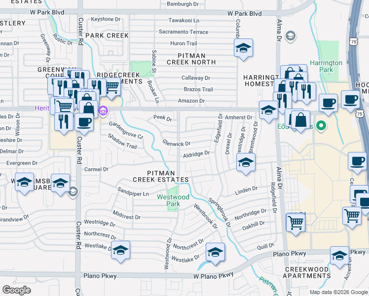 map of restaurants, bars, coffee shops, grocery stores, and more near 1612 Glenwick Drive in Plano