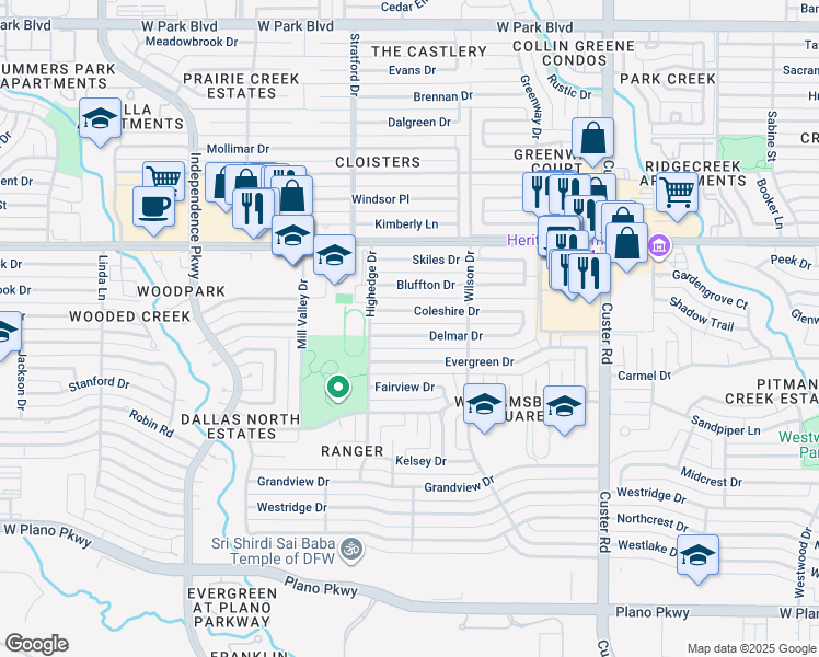 map of restaurants, bars, coffee shops, grocery stores, and more near 2425 Delmar Drive in Plano
