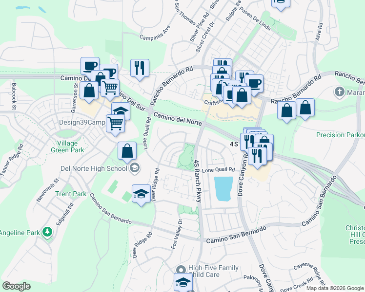 map of restaurants, bars, coffee shops, grocery stores, and more near 16695 Honeybrook Avenue in San Diego