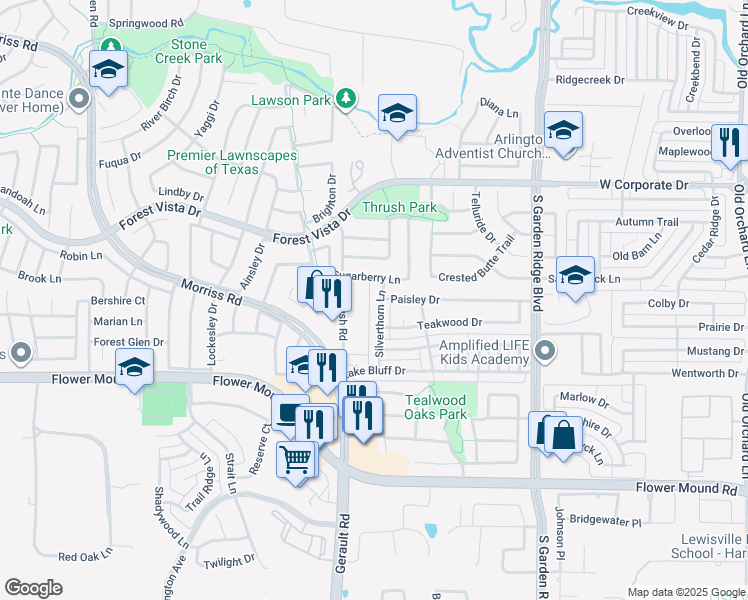 map of restaurants, bars, coffee shops, grocery stores, and more near 2301 Silverthorn Lane in Flower Mound