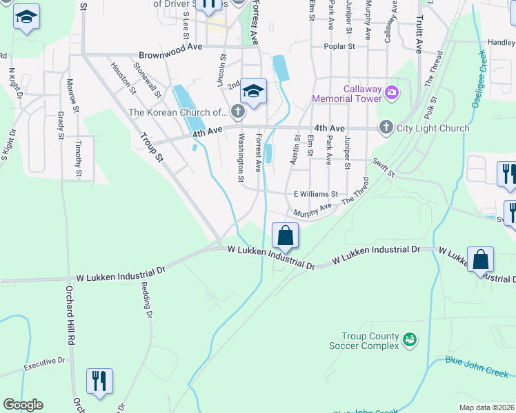 map of restaurants, bars, coffee shops, grocery stores, and more near 1405 Forrest Avenue in LaGrange