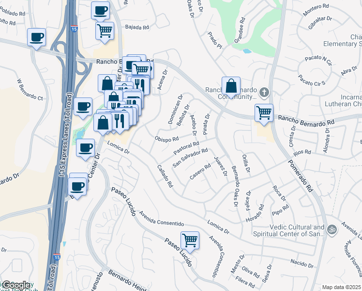 map of restaurants, bars, coffee shops, grocery stores, and more near 12102 Pastoral Road in San Diego