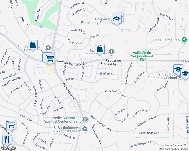 map of restaurants, bars, coffee shops, grocery stores, and more near 12724 Summerfield Lane in Poway