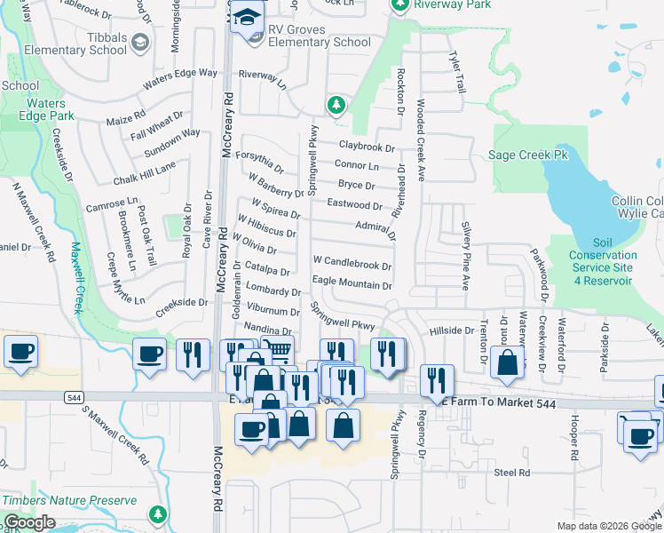 map of restaurants, bars, coffee shops, grocery stores, and more near 3201 Candlebrook Drive in Wylie
