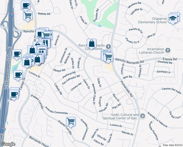 map of restaurants, bars, coffee shops, grocery stores, and more near 16633 Orilla Drive in San Diego