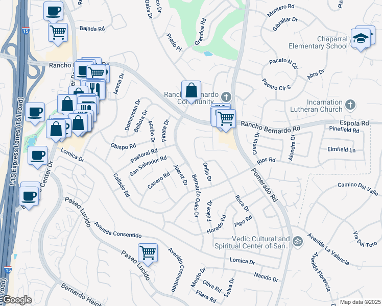 map of restaurants, bars, coffee shops, grocery stores, and more near 16645 Bernardo Oaks Dr in San Diego