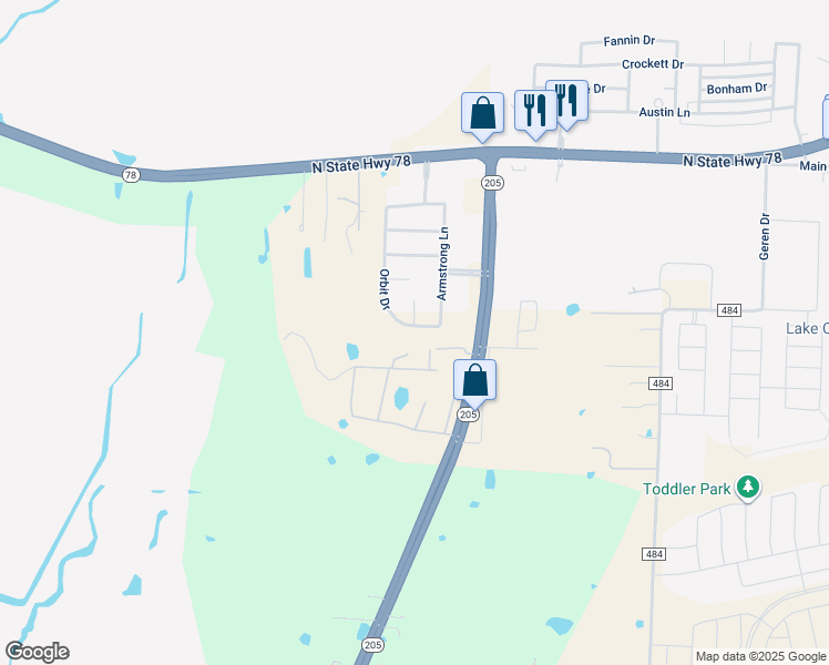 map of restaurants, bars, coffee shops, grocery stores, and more near 363 Orbit Drive in Lavon