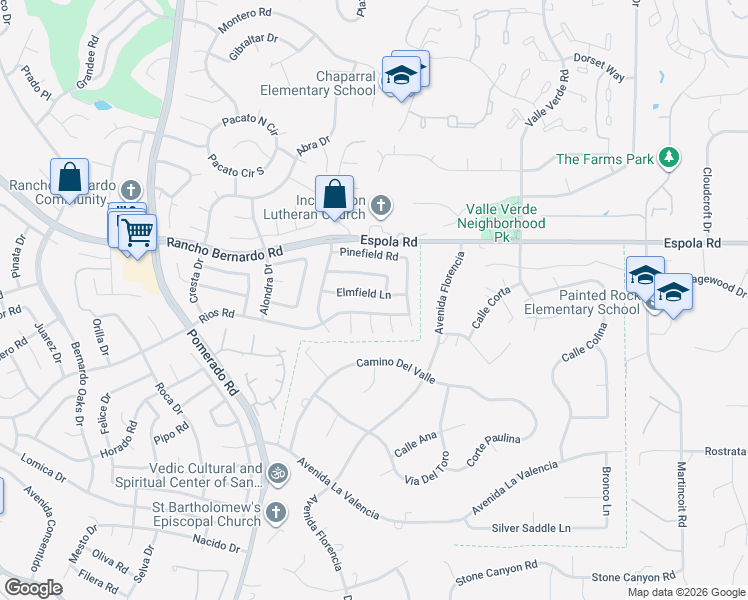 map of restaurants, bars, coffee shops, grocery stores, and more near 12901 Elmfield Lane in Poway