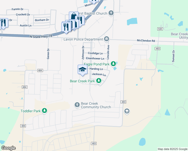map of restaurants, bars, coffee shops, grocery stores, and more near 468 Jackson Lane in Lavon