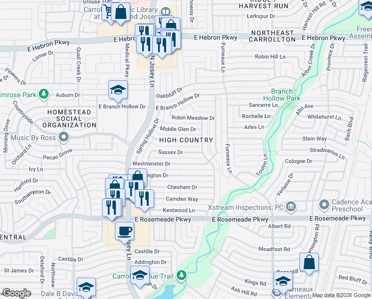 map of restaurants, bars, coffee shops, grocery stores, and more near 1937 Sussex Drive in Carrollton
