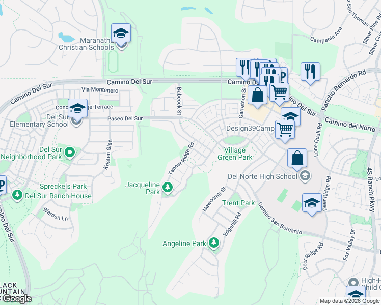 map of restaurants, bars, coffee shops, grocery stores, and more near 15841 Lesar Place in San Diego