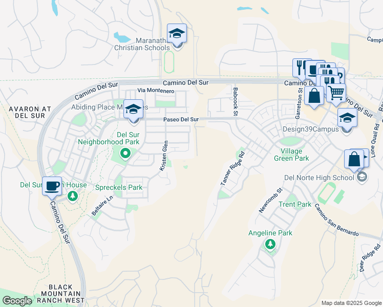 map of restaurants, bars, coffee shops, grocery stores, and more near 8575 Old Stonefield Chase in San Diego