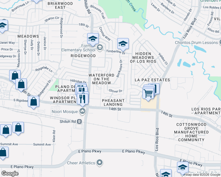 map of restaurants, bars, coffee shops, grocery stores, and more near 3701 Glover Drive in Plano