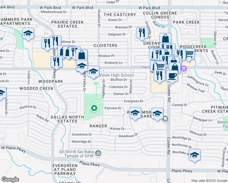 map of restaurants, bars, coffee shops, grocery stores, and more near 2425 Delmar Drive in Plano