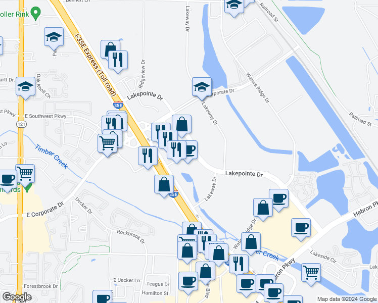 map of restaurants, bars, coffee shops, grocery stores, and more near 1900 Lakepointe Drive in Lewisville