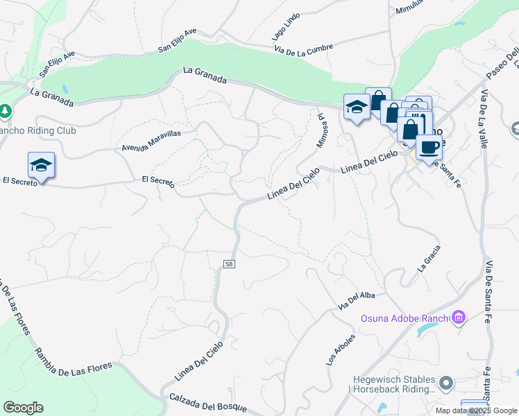 map of restaurants, bars, coffee shops, grocery stores, and more near 5665 Linea Del Cielo in Rancho Santa Fe