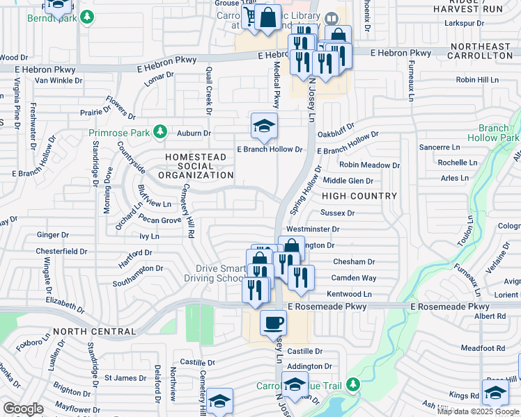 map of restaurants, bars, coffee shops, grocery stores, and more near 3902 Toews Ln in Carrollton