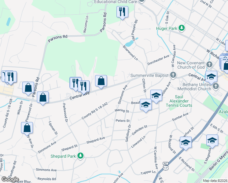 map of restaurants, bars, coffee shops, grocery stores, and more near 85 Paradise Point in Summerville