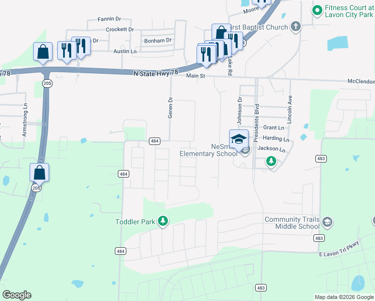 map of restaurants, bars, coffee shops, grocery stores, and more near 544 Avery Pointe in Lavon