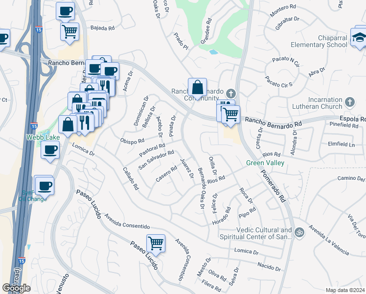map of restaurants, bars, coffee shops, grocery stores, and more near 16734 Bernardo Oaks Drive in San Diego
