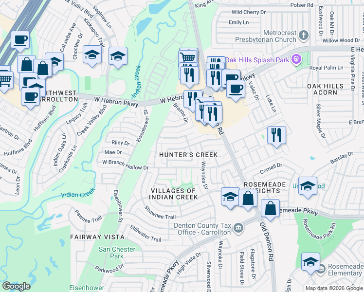 map of restaurants, bars, coffee shops, grocery stores, and more near 1104 Hunters Creek Drive in Carrollton