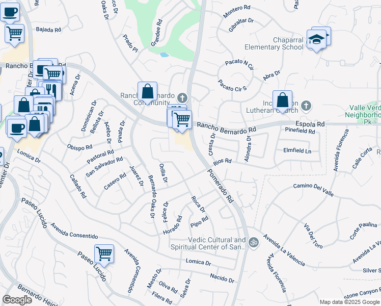 map of restaurants, bars, coffee shops, grocery stores, and more near 12465 Meandro Road in San Diego