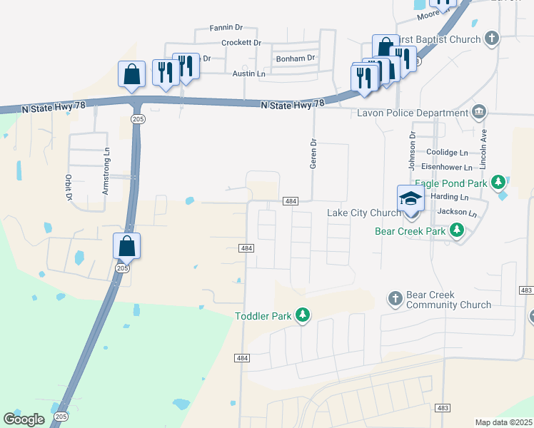 map of restaurants, bars, coffee shops, grocery stores, and more near 738 Brookline Drive in Lavon