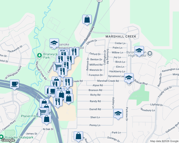 map of restaurants, bars, coffee shops, grocery stores, and more near 204 Wenrick Drive in Roanoke