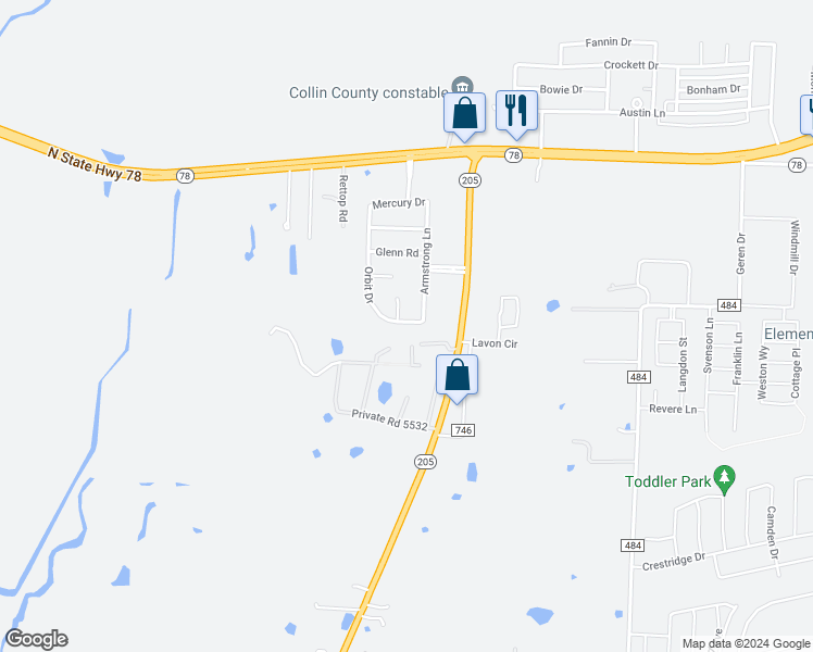 map of restaurants, bars, coffee shops, grocery stores, and more near 375 Orbit Drive in Lavon