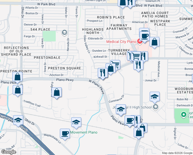 map of restaurants, bars, coffee shops, grocery stores, and more near 4120 Desert Garden Drive in Plano