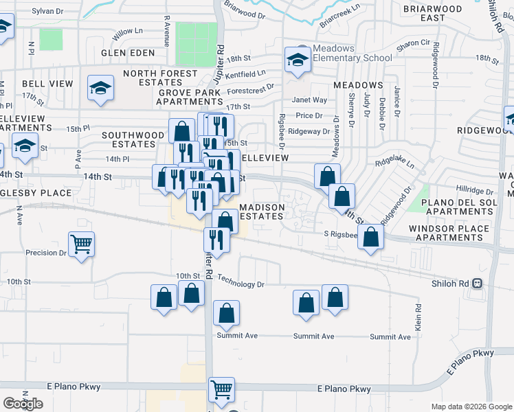 map of restaurants, bars, coffee shops, grocery stores, and more near 2604 Van Buren Drive in Plano