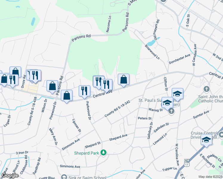 map of restaurants, bars, coffee shops, grocery stores, and more near 732 Central Avenue in Summerville