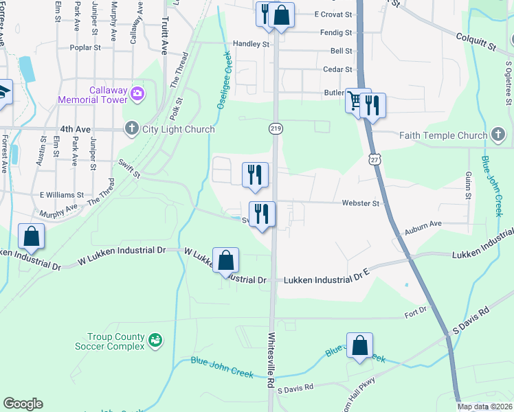 map of restaurants, bars, coffee shops, grocery stores, and more near 104 Service Park Lane in LaGrange