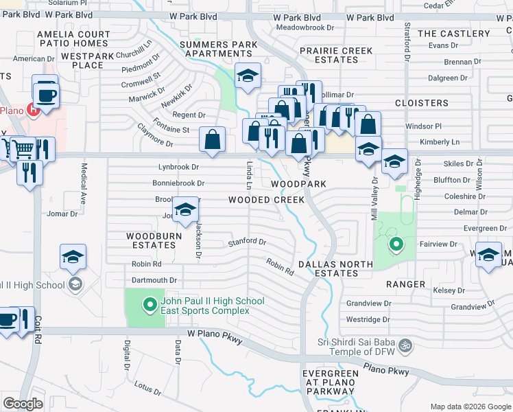 map of restaurants, bars, coffee shops, grocery stores, and more near 3021 Jomar Drive in Plano