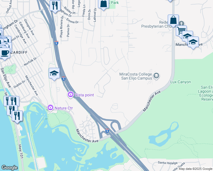 map of restaurants, bars, coffee shops, grocery stores, and more near 2311 Lagoon View Drive in Encinitas