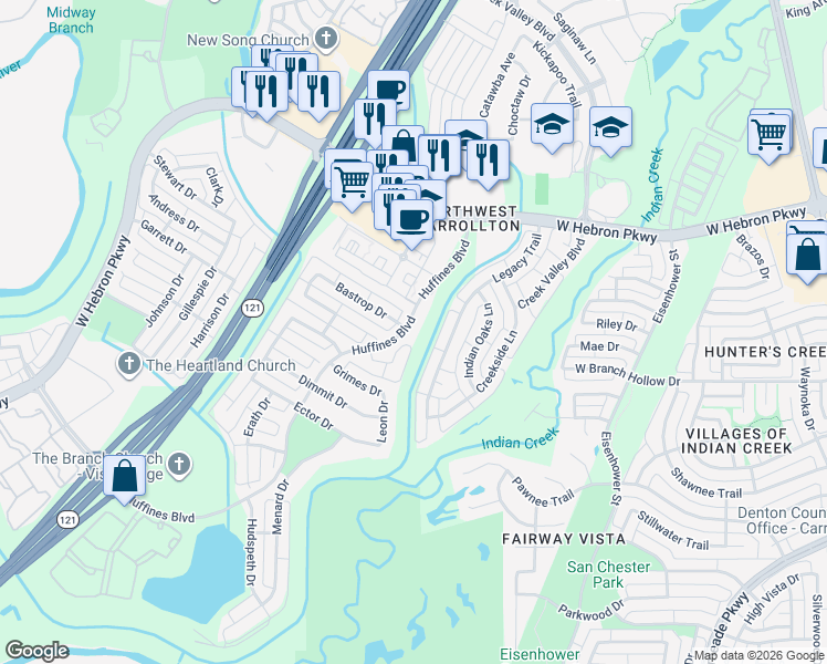 map of restaurants, bars, coffee shops, grocery stores, and more near 4002 Huffines Boulevard in Carrollton
