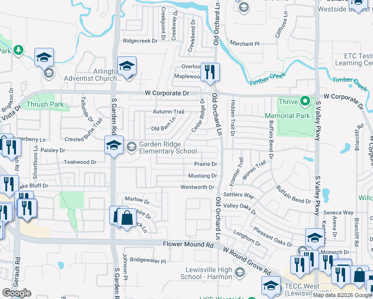 map of restaurants, bars, coffee shops, grocery stores, and more near 1353 Colby Drive in Lewisville