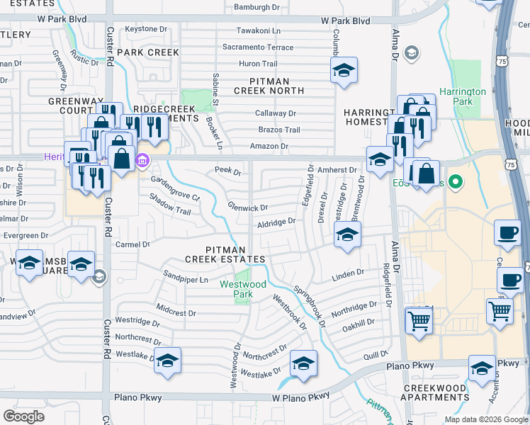 map of restaurants, bars, coffee shops, grocery stores, and more near 1612 Glenwick Drive in Plano