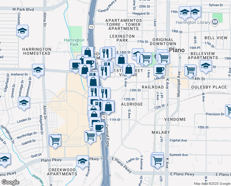 map of restaurants, bars, coffee shops, grocery stores, and more near 1224 13th/14th Connector in Plano