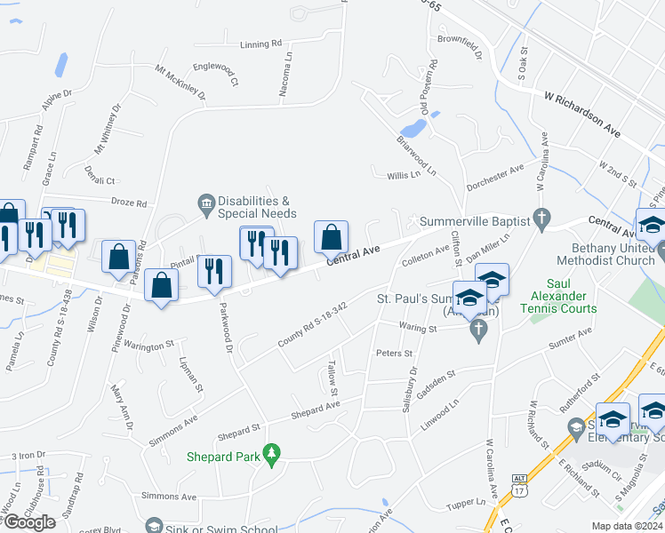 map of restaurants, bars, coffee shops, grocery stores, and more near 717 County Road S-18-13 in Summerville