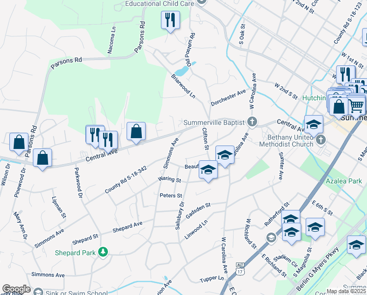 map of restaurants, bars, coffee shops, grocery stores, and more near 117 Colleton Avenue in Summerville