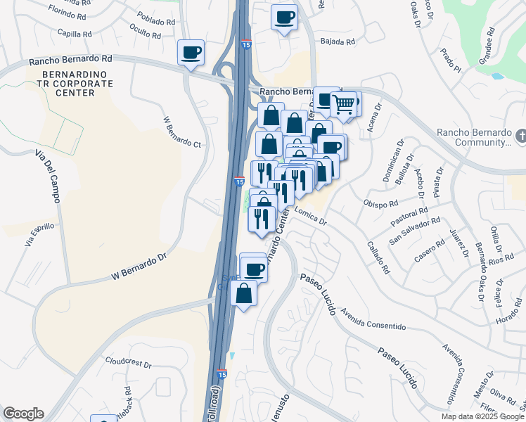 map of restaurants, bars, coffee shops, grocery stores, and more near 11616 Iberia Pl in San Diego